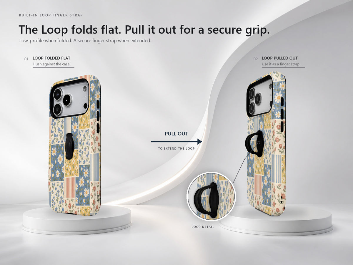 Blue and Yellow Daisy Floral Patchwork MagSafe Loop Case, finger loop folded and extended positions