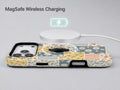 Blue and Yellow Daisy Floral Patchwork MagSafe Loop Case, shown with a MagSafe wireless charger