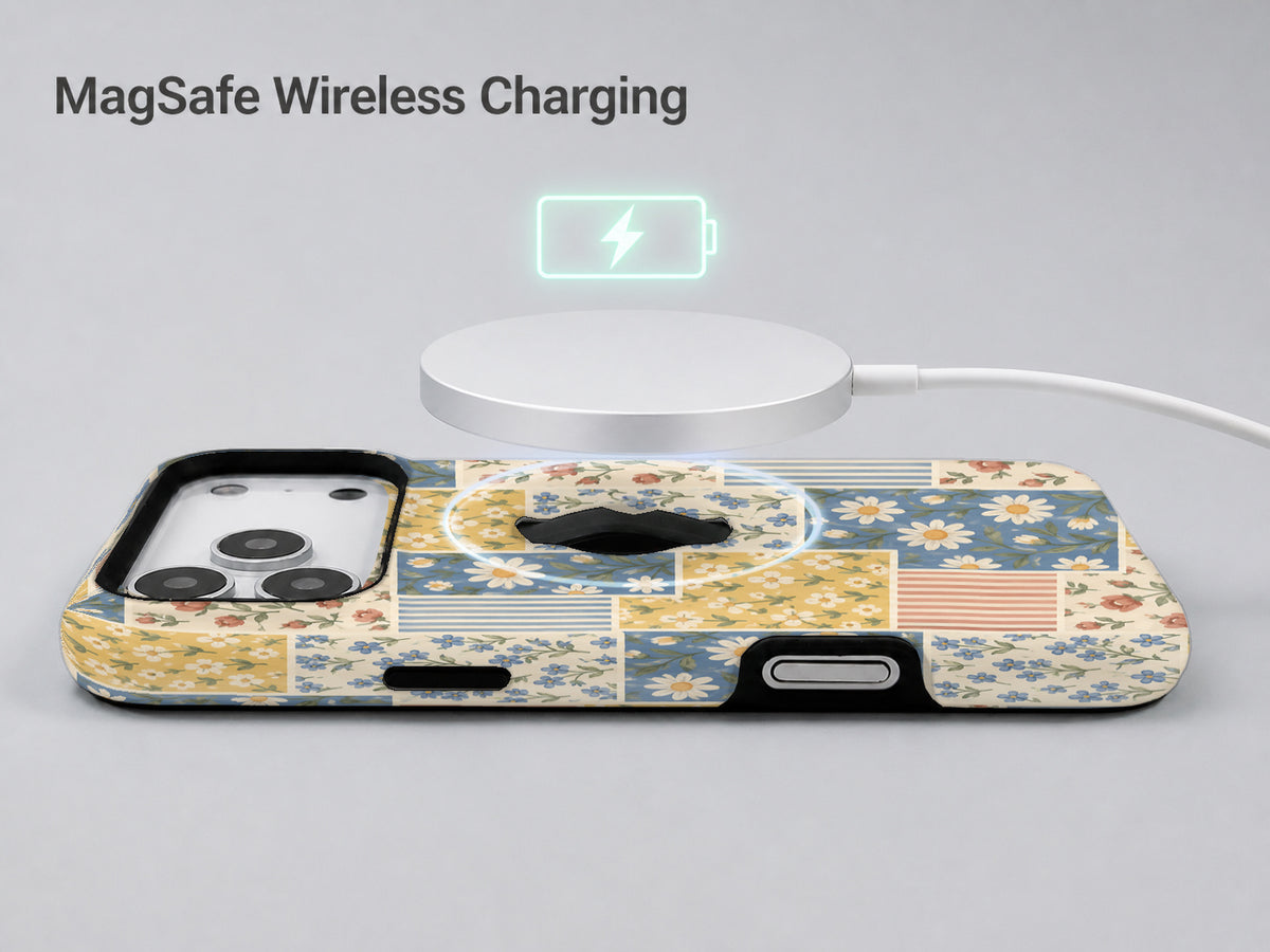 Blue and Yellow Daisy Floral Patchwork MagSafe Loop Case, shown with a MagSafe wireless charger