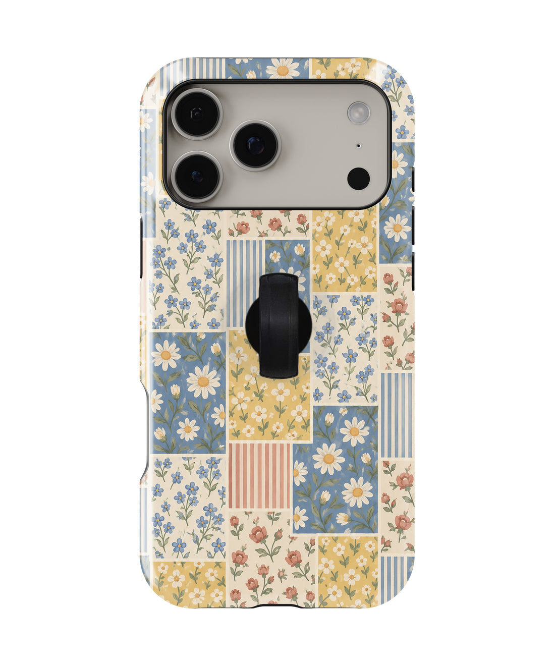 Blue and Yellow Daisy Floral Patchwork MagSafe Loop Case, rear view with finger loop folded flat