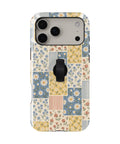 Blue and Yellow Daisy Floral Patchwork MagSafe Loop Case, rear view with finger loop folded flat