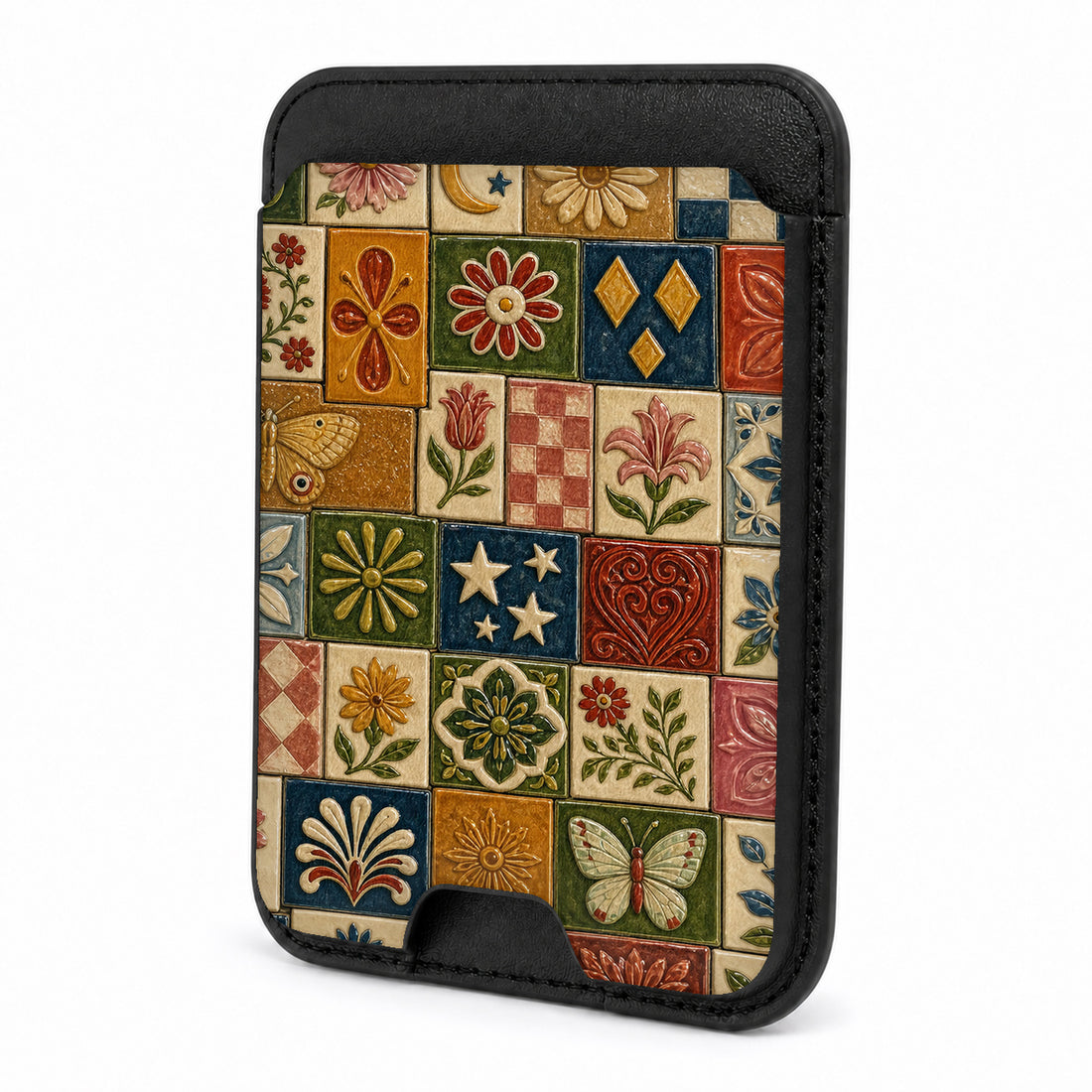 Front view of the Vintage Folk Tile Patchwork MagSafe card holder on a white background