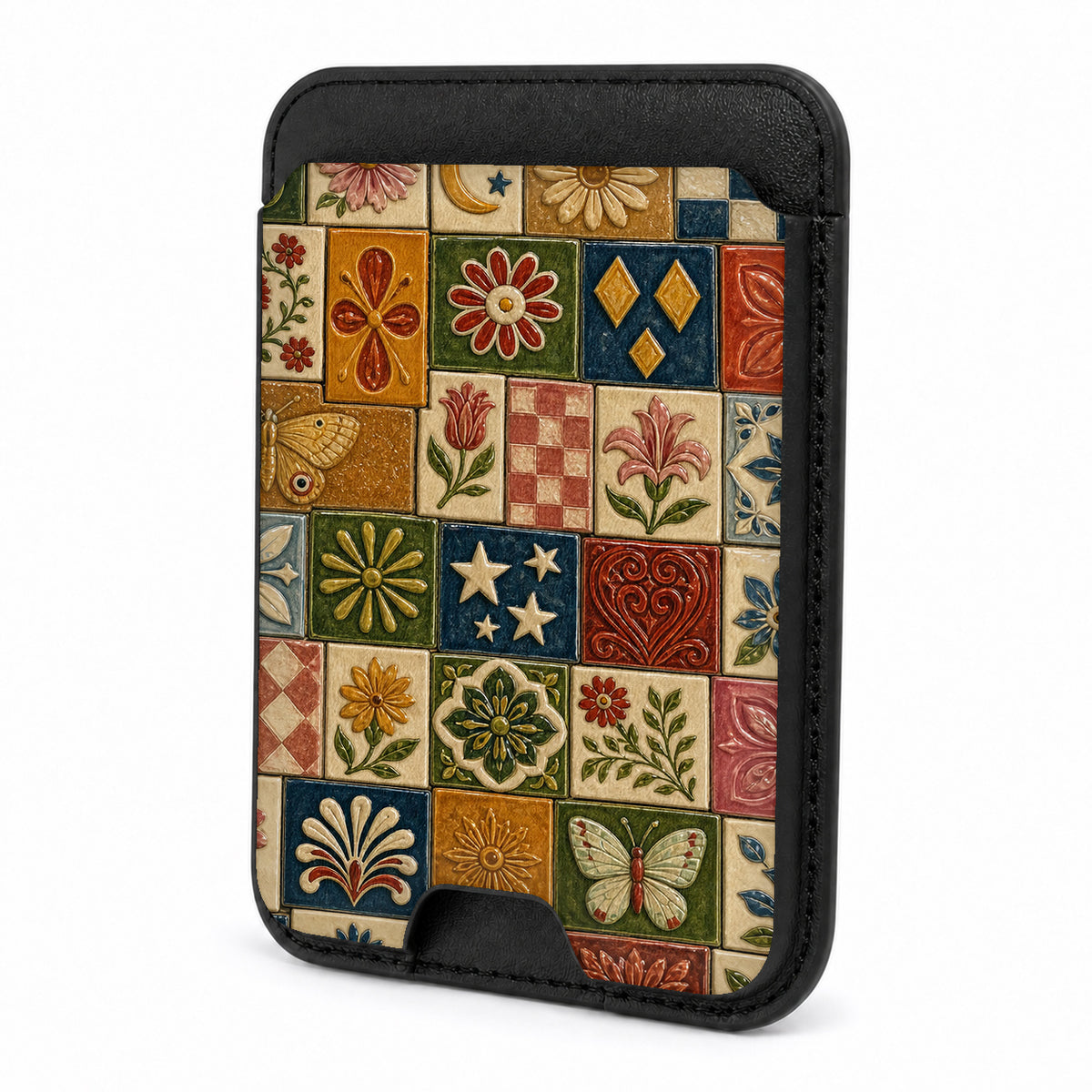 Front view of the Vintage Folk Tile Patchwork MagSafe card holder on a white background