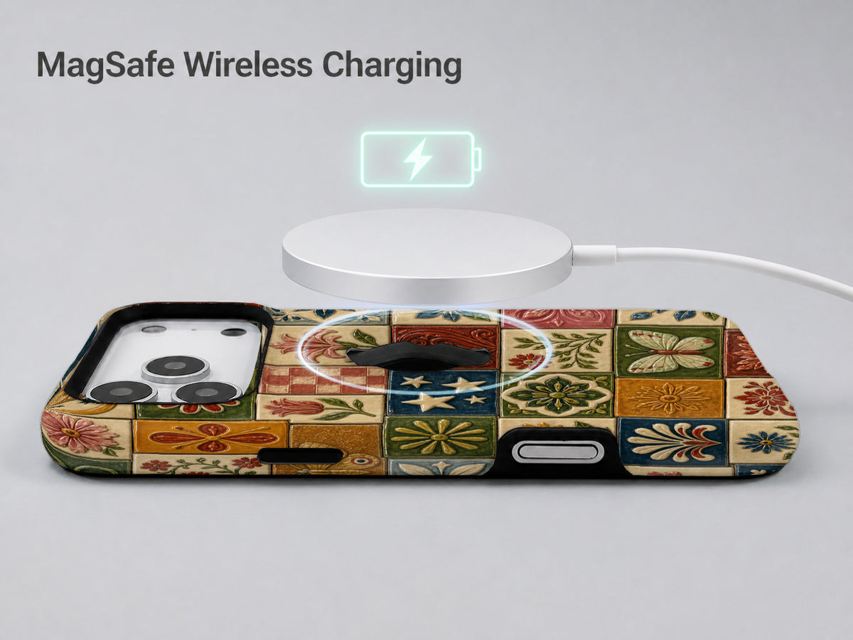 Vintage Folk Tile Patchwork MagSafe Loop iPhone Case shown with a MagSafe-compatible wireless charger attached