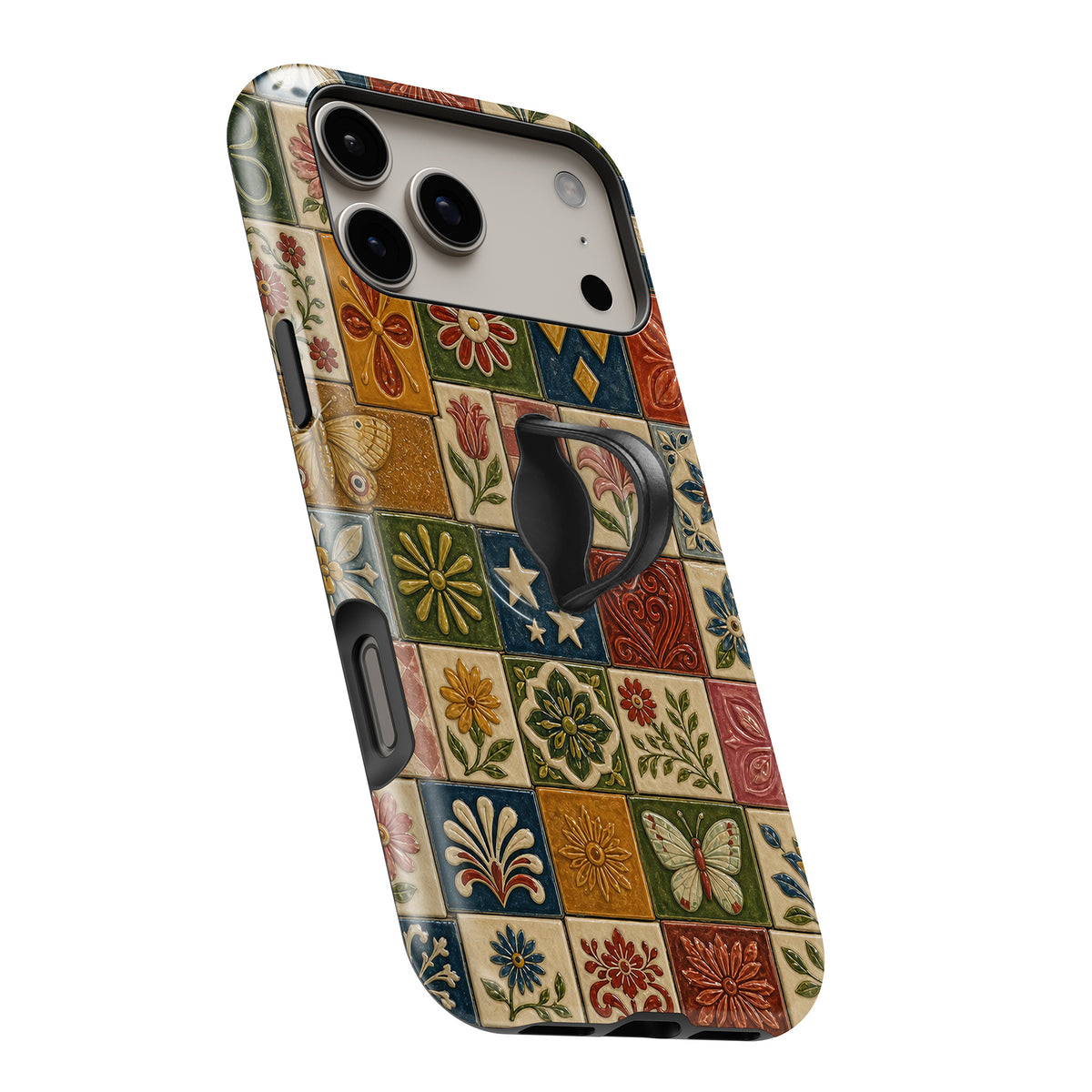 Vintage Folk Tile Patchwork MagSafe Loop iPhone case with built-in finger loop open