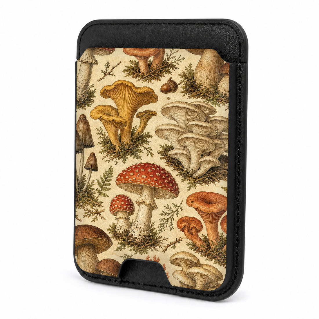 Front view of the Vintage Mushroom Botanical MagSafe card holder on a white background