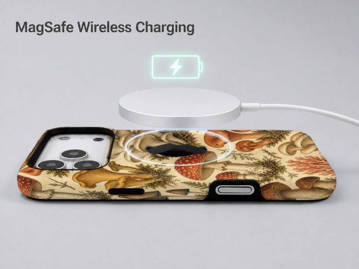 Vintage Mushroom Botanical MagSafe Loop iPhone Case shown with a MagSafe-compatible wireless charger attached