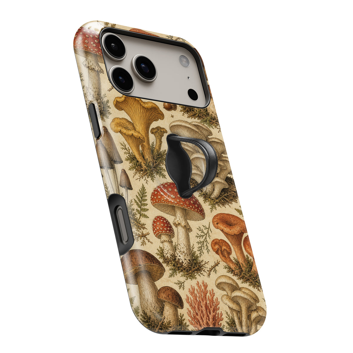 Vintage Mushroom Botanical MagSafe Loop iPhone case with built-in finger loop open