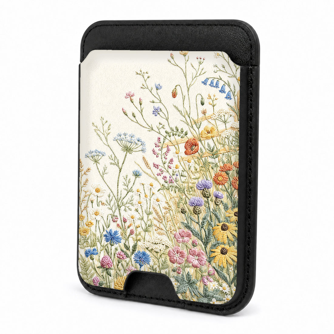 Front view of the Vintage Wildflower Meadow MagSafe card holder on a white background