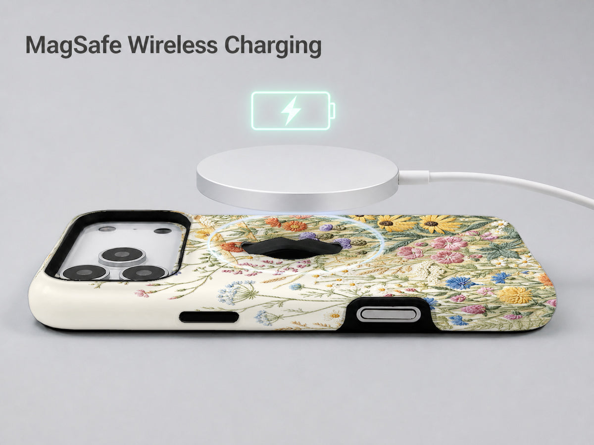 Vintage Wildflower Meadow MagSafe Loop iPhone Case shown with a MagSafe-compatible wireless charger attached