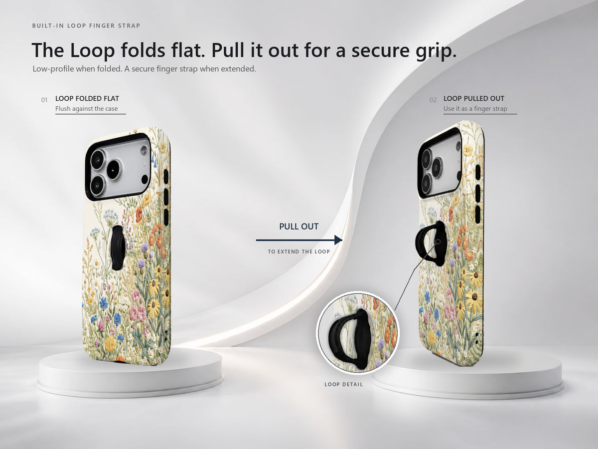Vintage Wildflower Meadow MagSafe Loop iPhone Case side view showing the built-in finger loop