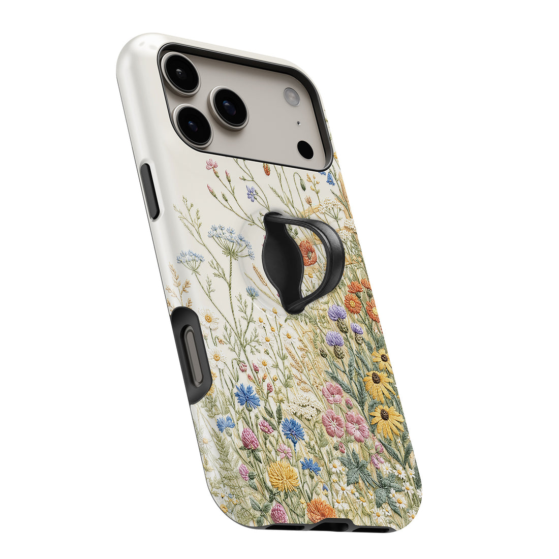 Vintage Wildflower Meadow MagSafe Loop iPhone case with built-in finger loop open