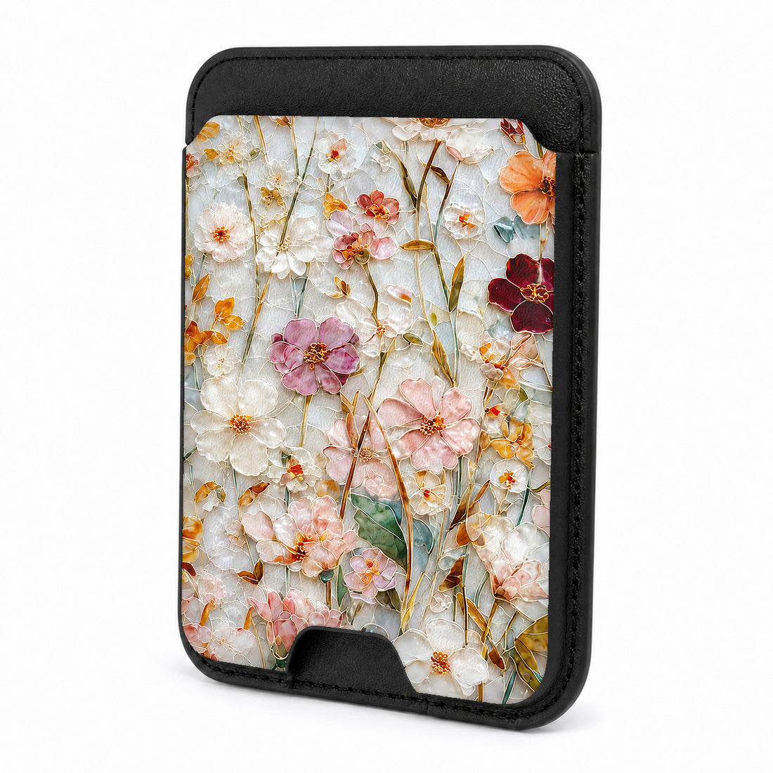 Front view of the Warm Wildflower Stained Glass MagSafe card holder on a white background