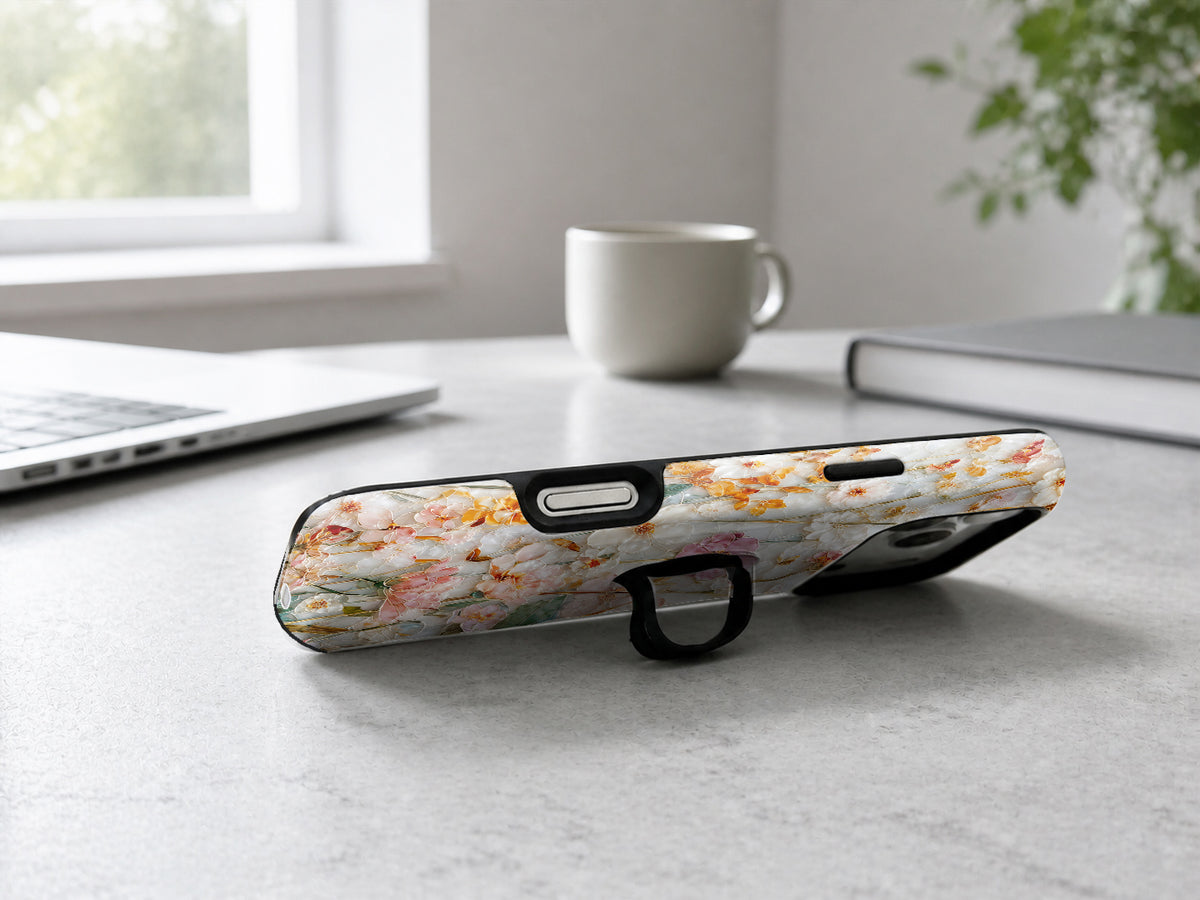 Warm Wildflower Stained Glass MagSafe Loop iPhone Case shown in a neutral white professional lifestyle setting