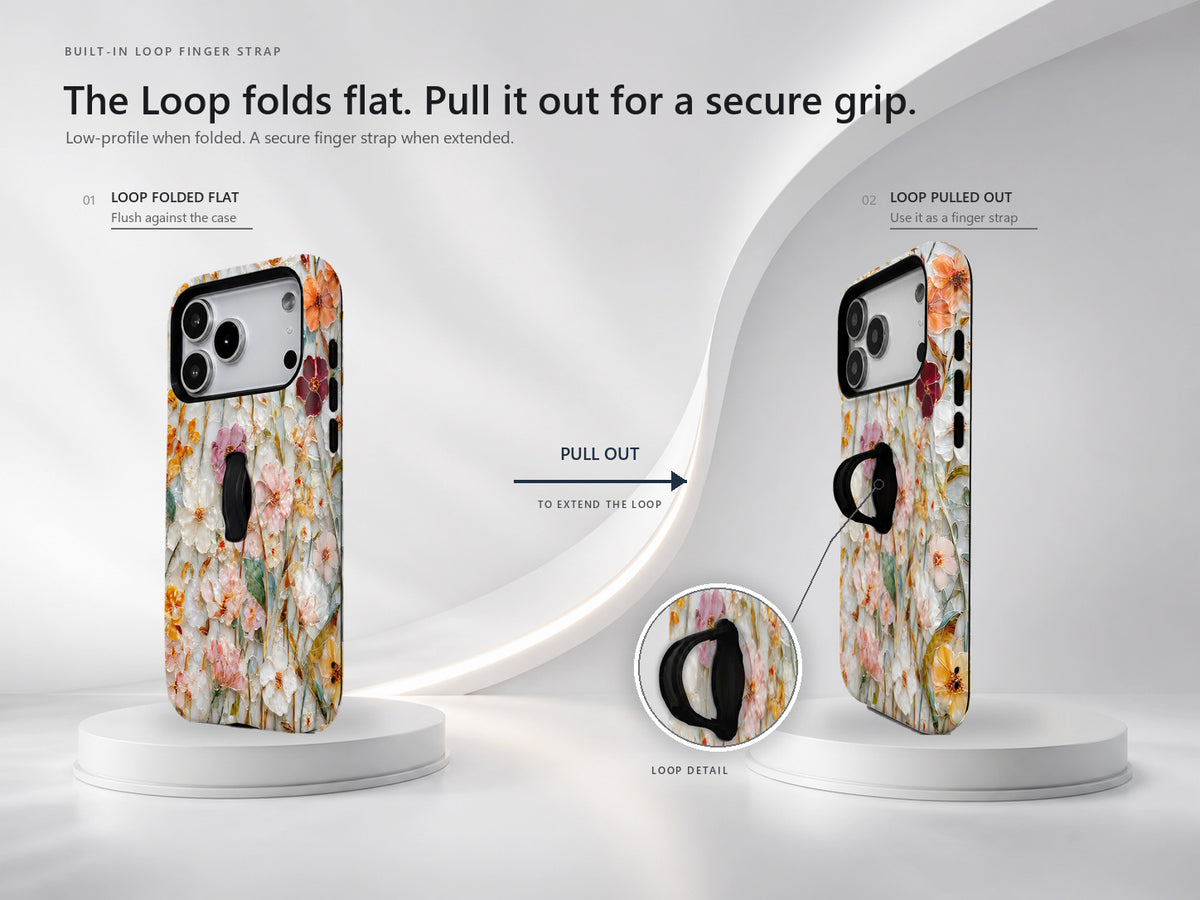 Warm Wildflower Stained Glass MagSafe Loop iPhone Case side view showing the built-in finger loop