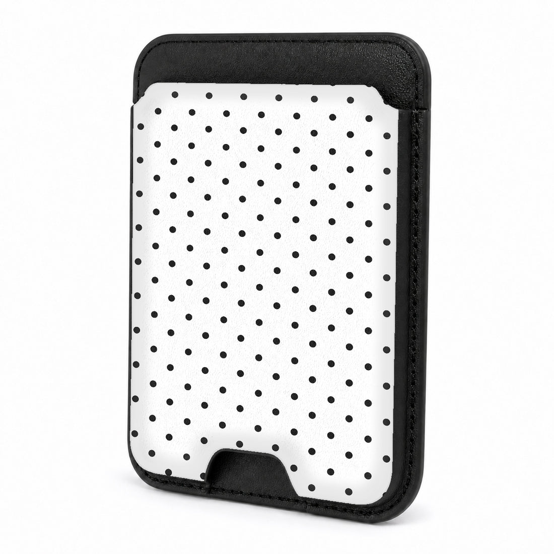 Front view of the White Black Mini Polka Dot MagSafe card holder on a white background