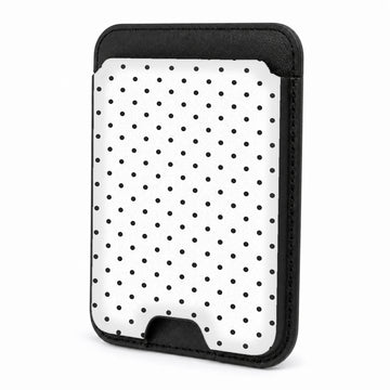 Front view of the White Black Mini Polka Dot MagSafe card holder on a white background