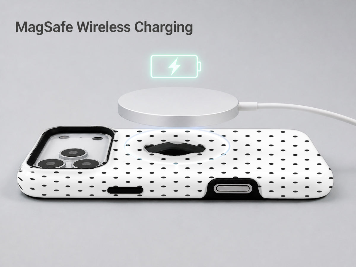 White Black Mini Polka Dot MagSafe Loop iPhone Case shown with a MagSafe-compatible wireless charger attached
