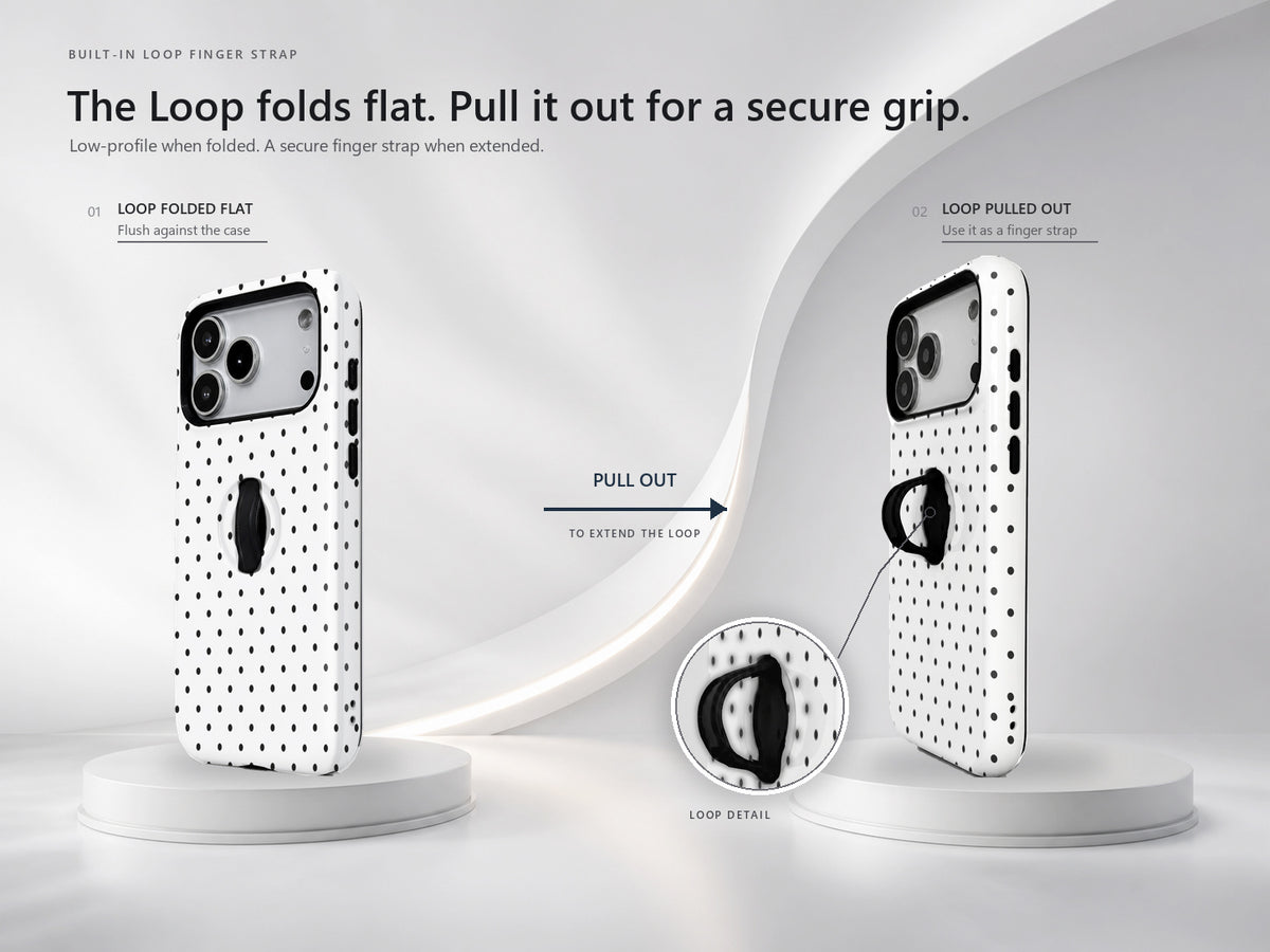 White Black Mini Polka Dot MagSafe Loop iPhone Case side view showing the built-in finger loop