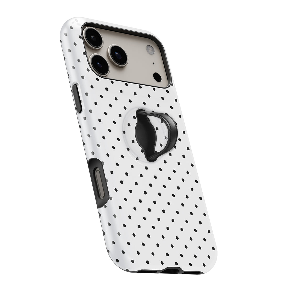 White Black Mini Polka Dot MagSafe Loop iPhone case with built-in finger loop open