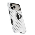 White Black Mini Polka Dot MagSafe Loop iPhone case with built-in finger loop open