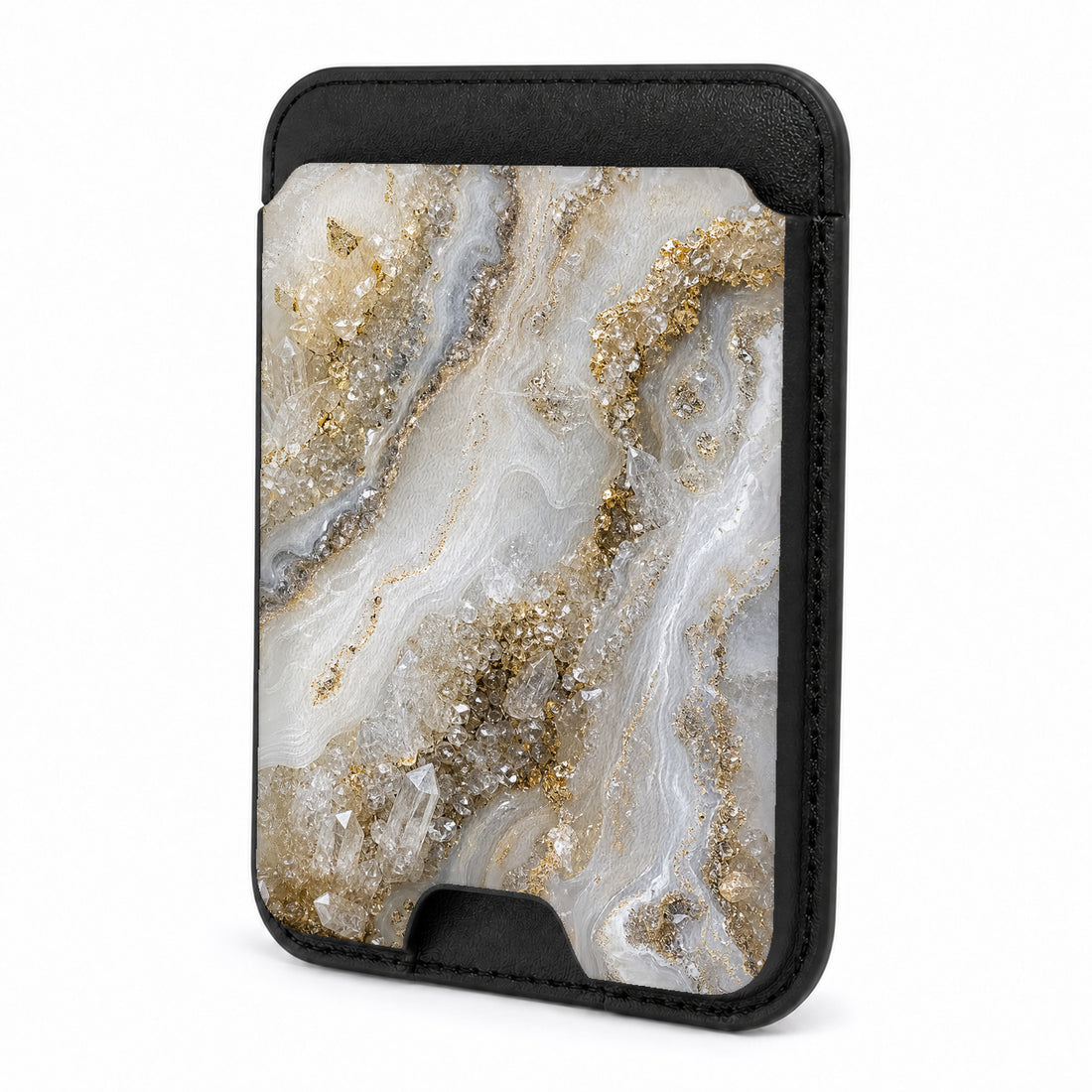 Front view of the White Gold Agate Marble MagSafe card holder on a white background