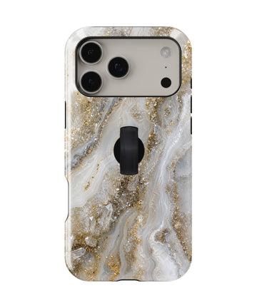 White Gold Agate Marble MagSafe Loop iPhone Case with built-in finger loop closed