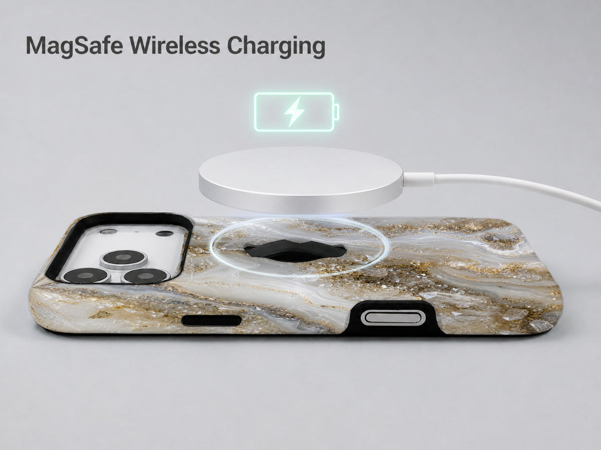 White Gold Agate Marble MagSafe Loop iPhone Case shown with a MagSafe-compatible wireless charger attached