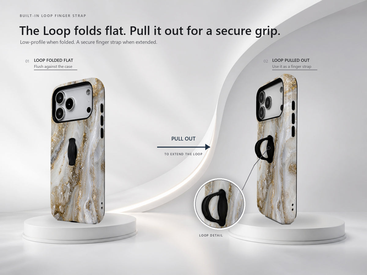 White Gold Agate Marble MagSafe Loop iPhone Case side view showing the built-in finger loop