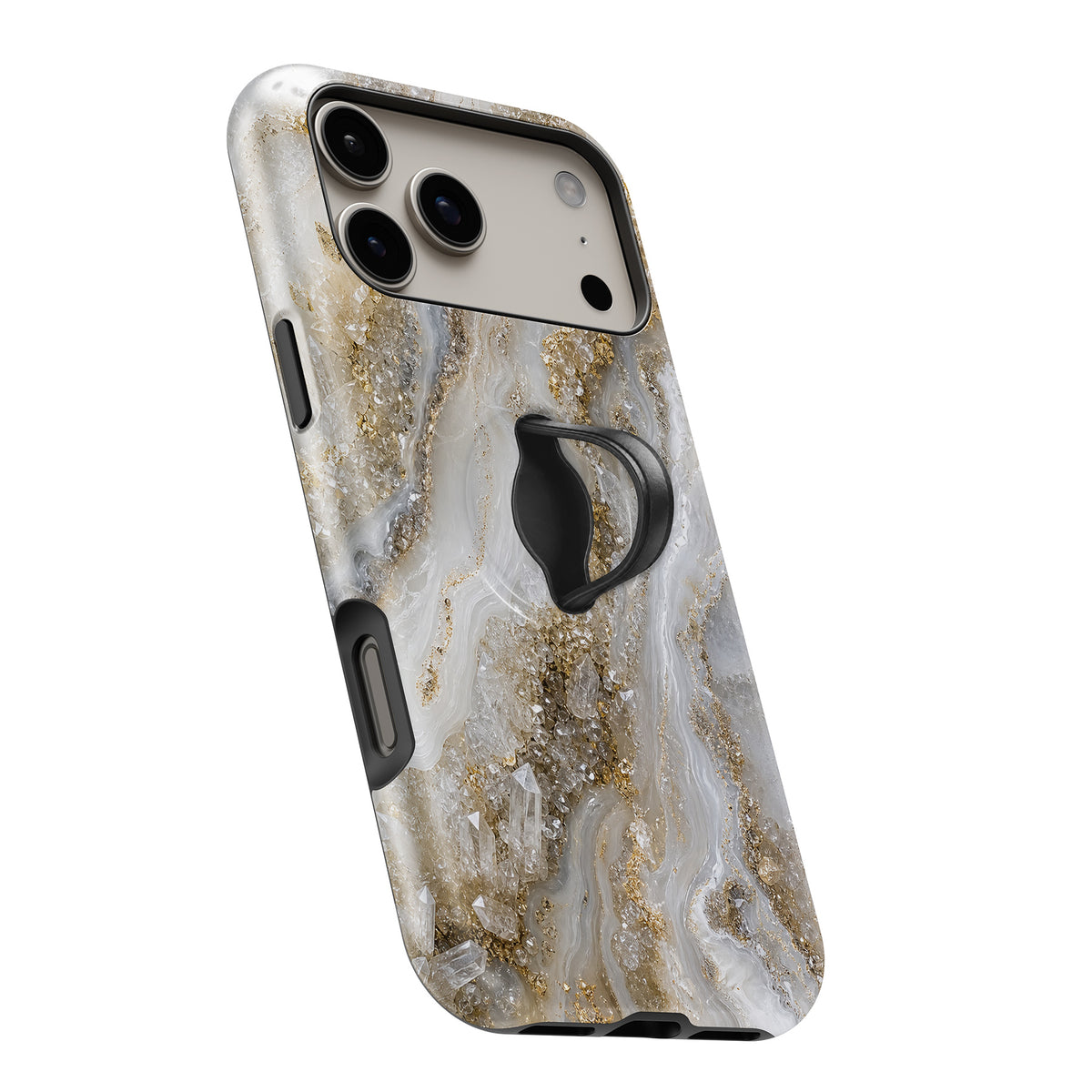 White Gold Agate Marble MagSafe Loop iPhone case with built-in finger loop open