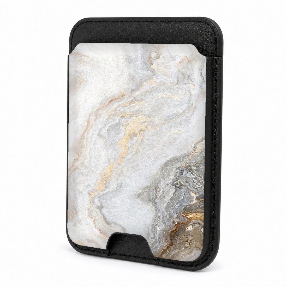 Front view of the White Gold Marble MagSafe card holder on a white background
