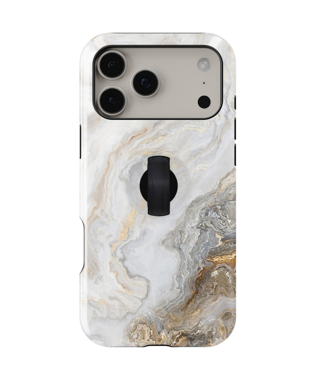 White Gold Marble MagSafe Loop iPhone Case with built-in finger loop closed