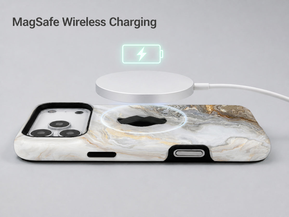White Gold Marble MagSafe Loop iPhone Case shown with a MagSafe-compatible wireless charger attached