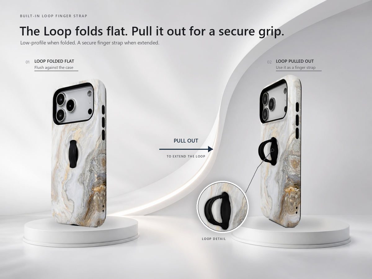 White Gold Marble MagSafe Loop iPhone Case side view showing the built-in finger loop