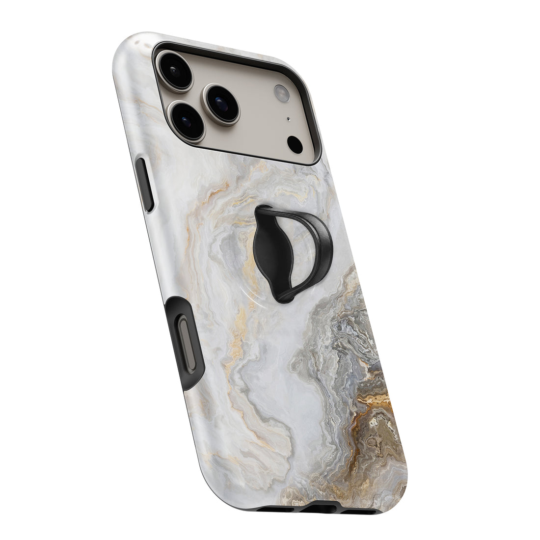 White Gold Marble MagSafe Loop iPhone case with built-in finger loop open