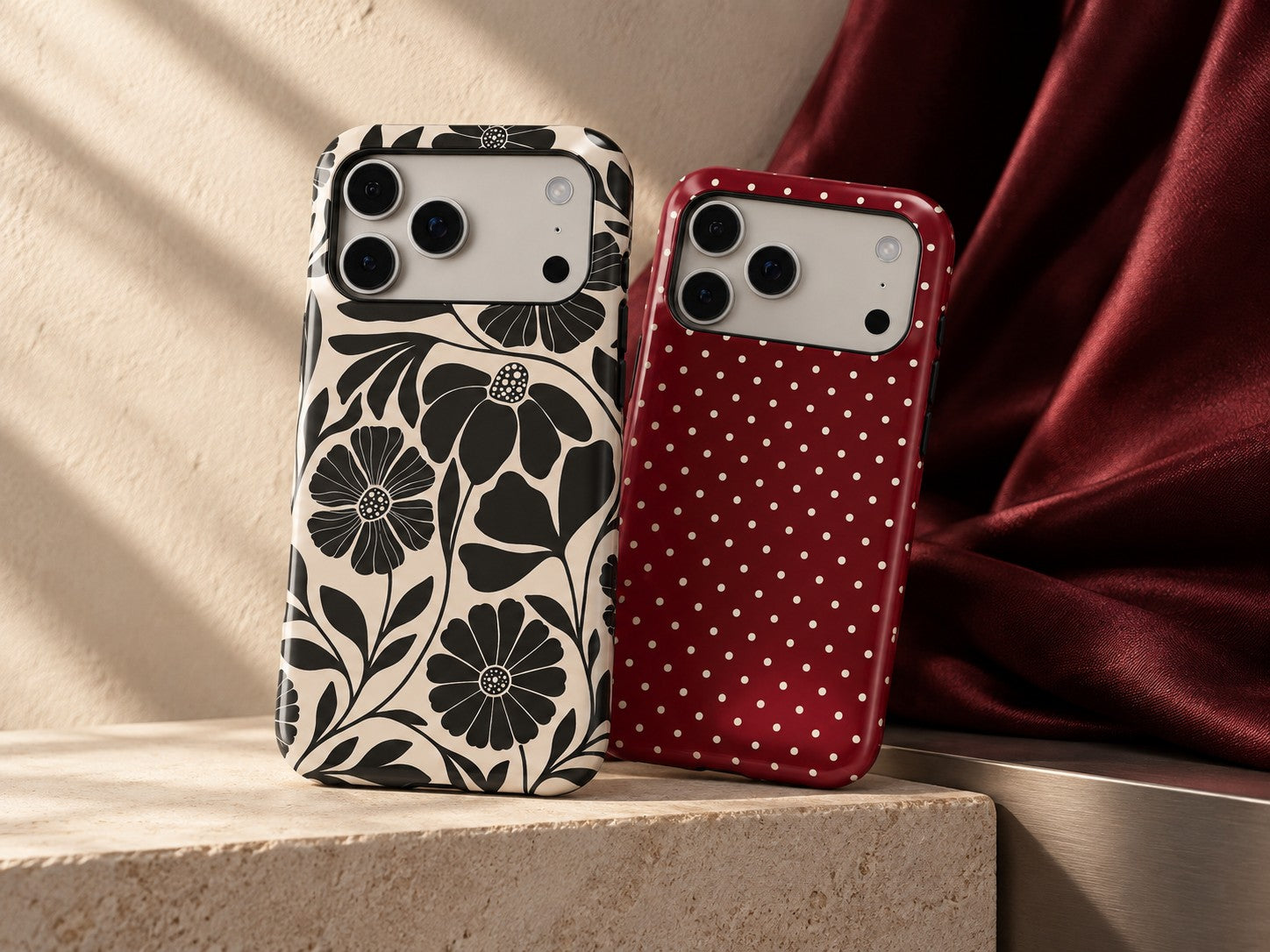 Black and cream floral and burgundy polka dot phone cases styled on a stone ledge with deep burgundy fabric.